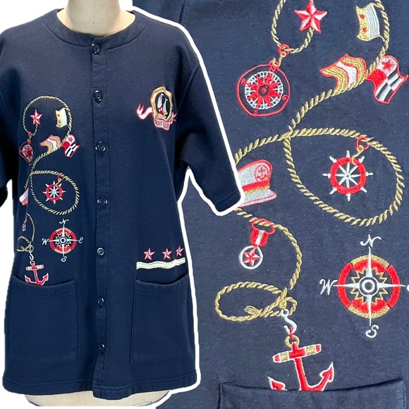 VINTAGE nautical yacht club sweatshirt sweater cardigan‎ short sleeve 80s 90s - Picture 1 of 10